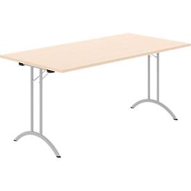 Schäfer Shop Select klaptafel, rechthoekig, dubbel T-poot frame, speciaal klapbeslag & vloercompensatie, B 1600 x D 800 x H 720 mm, ahorn decor/aluzilver