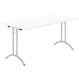 Schäfer Shop Select klaptafel, rechthoekig, dubbel T-poot frame, speciaal klapbeslag & vloercompensatie, B 1600 x D 800 x H 720 mm, wit/aluzilver