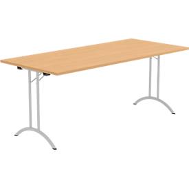 Schäfer Shop Select klaptafel, rechthoekig, dubbel T-poot frame, speciaal klapbeslag & vloercompensatie, B 1800 x D 800 x H 720 mm, beuken decor/aluzilver