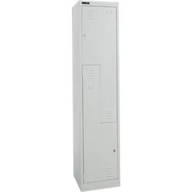 Schäfer Shop Select Kleiderspind, 2 Abteile mit Hutboden & Kleiderstange sowie 2 Fächer, Z-Türen, Zylinderschloss, mit Sockel, B 400 x T 450 x H 1850 mm, Stahl pulverbeschichtet, lichtgrau/lichtgrau