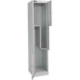 Schäfer Shop Select Kleiderspind, 2 Abteile mit Hutboden & Kleiderstange sowie 2 Fächer, Z-Türen, Zylinderschloss, mit Sockel, B 400 x T 450 x H 1850 mm, Stahl pulverbeschichtet, lichtgrau/lichtgrau