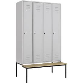 Schäfer Shop Select Kleiderspind, 4 Abteile mit jeweils B 300 mm, Drehriegelverschluss, mit Sitzbank, Tür lichtgrau