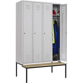 Schäfer Shop Select Kleiderspind, 4 Abteile mit jeweils B 300 mm, Drehriegelverschluss, mit Sitzbank, Tür lichtgrau