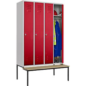 Schäfer Shop Select Kleiderspind, 4 Abteile mit jeweils B 300 mm, Drehriegelverschluss, mit Sitzbank, Tür rubinrot
