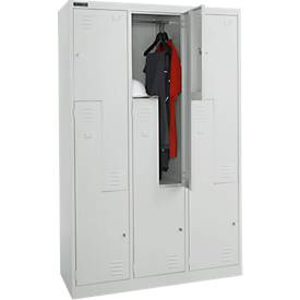 Schäfer Shop Select Kleiderspind, 6 Abteile mit Hutboden & Kleiderstange sowie 6 Fächer, Z-Türen, Zylinderschloss, mit Sockel, B 1200 x T 450 x H 1850 mm, Stahl pulverbeschichtet, lichtgrau/lichtgrau