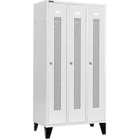 Schäfer Shop Select Kleiderspind, mit gelochten Streifen, 3 Abteile, 300 mm, mit Füßen, Zylinderschloss, Tür lichtgrau