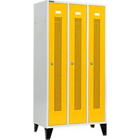 Schäfer Shop Select Kleiderspind, mit gelochten Streifen, 3 Abteile, 300 mm, mit Füßen, Zylinderschloss, Tür rapsgelb
