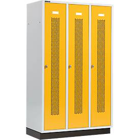 Schäfer Shop Select Kleiderspind mit gelochten Streifen, 3 Abteile, 400 mm, mit Sockel, Drehriegelverschluss, Tür rapsgelb
