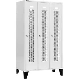 Schäfer Shop Select Kleiderspind, mit gelochten Streifen, 3 Abteile, 400mm, mit Füßen, Zylinderschloss, Tür lichtgrau