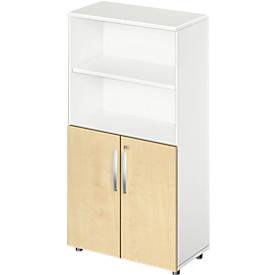 Schäfer Shop Select Kombischrank LOGIN, oben 2 Regale, unten 2 Ordnerhöhen mit Türen, B 800 x T 420 x H 1470 mm, weiß/Ahorn Dekor 