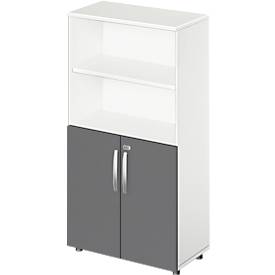 Schäfer Shop Select Kombischrank LOGIN, oben 2 Regale, unten 2 Ordnerhöhen mit Türen, B 800 x T 420 x H 1514 mm, weiß/gr