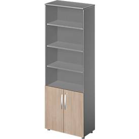 Schäfer Shop Select Kombischrank LOGIN, oben 4 Regale, unten 2 Ordnerhöhen mit Türen, B 800 x T 420 x H 2240 mm, graphi/Eiche