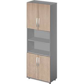 Schäfer Shop Select Kombischrank LOGIN, oben und unten 2 Ordnerhöhen mit Tür, Mitte Regal, B 800 x T 420 x H 2240 mm,graphit/Eiche
