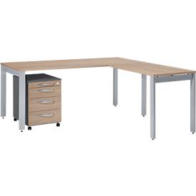 Schäfer Shop Select Komplettset LOGIN, 4-Fuß Schreibtisch 1800 mm, 4-Fuß Anbautisch, Rollcontainer, graphit/Eiche-Dekor