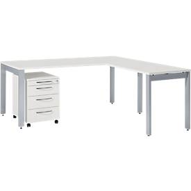 Schäfer Shop Select Komplettset LOGIN, 4-Fuß Schreibtisch 1800 mm, 4-Fuß Anbautisch, Rollcontainer, lichtgrau