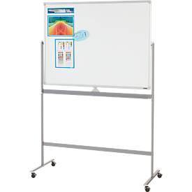 Schäfer Shop Select Mobiles Whiteboard, 2-seitig nutzbar, weiß lackiert, drehbare Tafel, 4 Lenkrollen, H 900 x B 1200 mm + 3-teiliges Magnetrahmenset