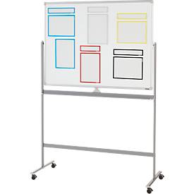 Schäfer Shop Select Mobiles Whiteboard, 2-seitig nutzbar, weiß lackiert, drehbare Tafel, 4 Lenkrollen, H 900 x B 1200 mm + 3-teiliges Magnetrahmenset