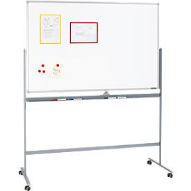 Schäfer Shop Select Mobiles Whiteboard, um 360° drehbare Tafel, weiß lackiert, Ablageschale, 4 Lenkrollen, B 1500 x H 1000 mm