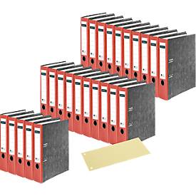 Schäfer Shop Select Ordner, A4, Rückenbreite 50 mm, Qualitäts-Hebelmechanik, Griffloch, 25 Stück, rot + gratis Trennstreifen, gelb, 100 Stück