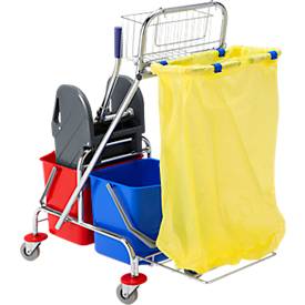 Schäfer Shop Select Reinigungswagen, 2 x 17 l Eimer/Mopp-Presse/Gitterkorb/Müllsackhalter, Lenkrollen, B 400 x T 920 x H 980 mm, blau-rot