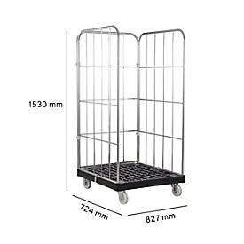 Schäfer Shop Select Rollbox BASICline, 3-seitig, ohne Tür, bis 500 kg, Lenk- & Bockrollen, L 724 x B 827 x H 1530 mm, Stahl & Recycling-HDPE