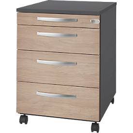 Schäfer Shop Select Rollcontainer LOGIN, 3 Schubladen, 1 Utensilienauszug, Zentralverriegelung, B 432 x T 580 x H 595 mm, graphit/Eiche