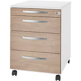 Schäfer Shop Select Rollcontainer LOGIN, 3 Schubladen, 1 Utensilienauszug, Zentralverriegelung, B 432 x T 580 x H 595 mm, weiß/Eiche