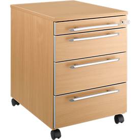 Schäfer Shop Select Rollcontainer Moxxo IQ 1233, runder Griff, 1 Utensilienfach, 3 Schübe, B 432 x T 580 x H 595 mm, abschließbar, Buche-Dekor