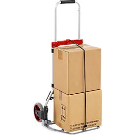 Schäfer Shop Select Sackkarre, Tragkraft 100 kg, klappbar, elastisches Spannband, 2 Bockrollen, Aluminium/Kunststoff, rot-schwarz-silber