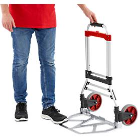 Schäfer Shop Select Sackkarre, Tragkraft 100 kg, klappbar, elastisches Spannband, 2 Bockrollen, Aluminium/Kunststoff, rot-schwarz-silber