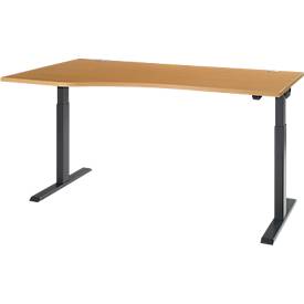Schäfer Shop Select Schreibtisch ERGO-T 2.0, elektrisch höhenverstellbar, Freiform Ansatz links, T-Fuß, B 1800 x H 715-1205 mm, Buche/anthrazit
