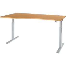 Schäfer Shop Select Schreibtisch ERGO-T 2.0, elektrisch höhenverstellbar, Freiform Ansatz links, T-Fuß, B 1800 x H 715-1205 mm, Buche/weißalu