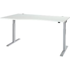 Schäfer Shop Select Schreibtisch ERGO-T 2.0, elektrisch höhenverstellbar, Freiform Ansatz links, T-Fuß, B 1800 x H 715-1205 mm, lichtgrau/weißalu