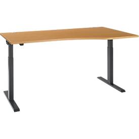 Schäfer Shop Select Schreibtisch ERGO-T 2.0, elektrisch höhenverstellbar, Freiform Ansatz rechts, T-Fuß, B 1800 x H 715-1205 mm, Buche/anthrazit