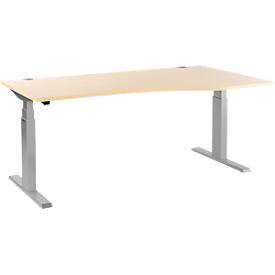 Schäfer Shop Select Schreibtisch ERGO-T, elektrisch höhenverstellbar, Freiform, Ansatz rechts, T-Fuß, B 1800 x H 640-1300 mm, Ahorn-Dekor/weißalu