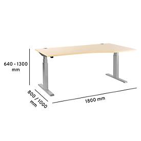 Schäfer Shop Select Schreibtisch ERGO-T, elektrisch höhenverstellbar, Freiform, Ansatz rechts, T-Fuß, B 1800 x H 640-1300 mm, Ahorn-Dekor/weißalu