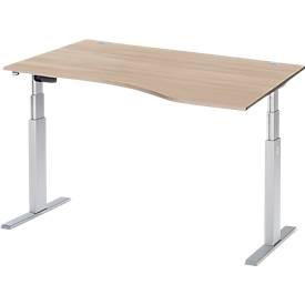 Schäfer Shop Select Schreibtisch ERGO-T, elektrisch höhenverstellbar, Freiform, Ansatz rechts, T-Fuß, B 1800 x H 640-1300 mm, Eiche/weißalu