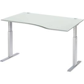 Schäfer Shop Select Schreibtisch ERGO-T, elektrisch höhenverstellbar, Freiform, Ansatz rechts, T-Fuß, B 1800 x H 725-1185 mm, lichtgrau/weißalu