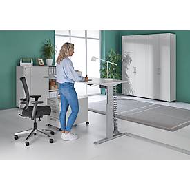 Schäfer Shop Select Schreibtisch ERGO-T, elektrisch höhenverstellbar, Rechteck, T-Fuß, B 1600 x T 800 x H 725-1185 mm, lichtgrau/weißaluminium 