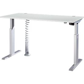 Schäfer Shop Select Schreibtisch ERGO-T, elektrisch höhenverstellbar, Rechteck, T-Fuß, B 1600 x T 800 x H 725-1185 mm, lichtgrau/weißaluminium, Kabelspirale