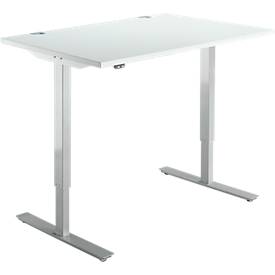 Schäfer Shop Select Schreibtisch START UP, elektrisch höhenverstellbar, Rechteck, T-Fuß, B 1200 x T 800 x H 705-1205 mm, lichtgrau/weißaluminium 