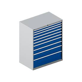 Schäfer Shop Select Schubladenschrank 64-36, 10 Schübe, bis 75 kg, B 1193 x T 725 x H 1450 mm, weißalu/enzianblau