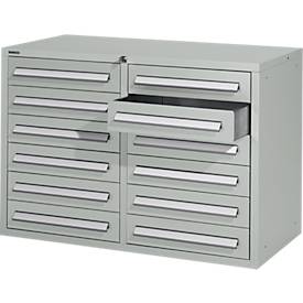 Schäfer Shop Select Schubladenschrank SF 120, 12 Schübe mit Etikettenschildern, abschließbar, B 1055 x T 500 x H 723 mm, lichtgrau RAL 7035/lichtgrau RAL 7035