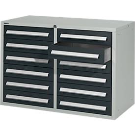 Schäfer Shop Select Schubladenschrank SF 120, 12 Schübe mit Etikettenschildern, abschließbar, B 1055 x T 500 x H 723 mm, lichtgrau RAL7035/anthrazitgrau RAL 7016