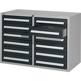 Schäfer Shop Select Schubladenschrank SF 120, 12 Schübe mit Etikettenschildern, abschließbar, B 1055 x T 500 x H 723 mm, weißaluminium RAL 9006/anthrazitgrau RAL 7016