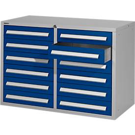 Schäfer Shop Select Schubladenschrank SF 120, 12 Schübe mit Etikettenschildern, abschließbar, B 1055 x T 500 x H 723 mm, weißaluminium RAL 9006/enzianblau RAL 5010