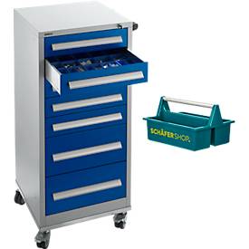 Schäfer Shop Select Schubladenschrank SFR 70, 7 Schübe, mit Rollen, weißaluminium RAL 9006/enzianblau RAL 5010 + gratis Tragekasten Carry