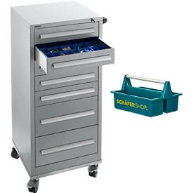 Schäfer Shop Select Schubladenschrank SFR 70, 7 Schübe, mit Rollen, weißaluminium RAL 9006/weißaluminium RAL 9006+ gratis Tragekasten Carry