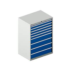 Schäfer Shop Select Schubladenschrank WSK 54-36, Stahl, 10 Schübe, bis 75 kg, B 1023 x T 725 x H 1450 mm, lichtgrau/enzianblau
