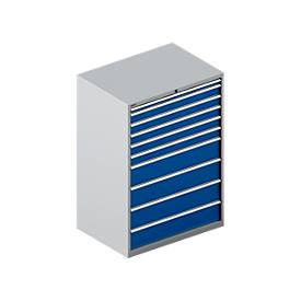 Schäfer Shop Select Schubladenschrank WSK 54-36, Stahl, 10 Schübe, bis 75 kg, B 1023 x T 725 x H 1450 mm, weissaluminium/enzianblau